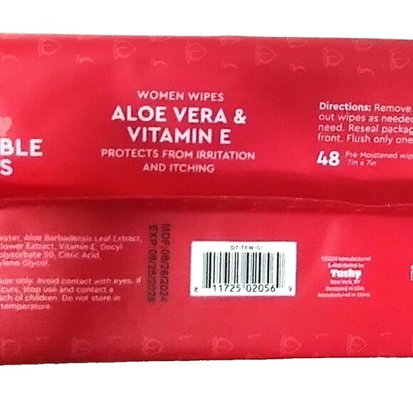 6 pack of TUSHY WOMEN Flushable Aloe Vera & Vitamin E Wipes #48wipes each - Picture 2 of 7